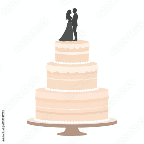 A romantic wedding cake with a bride and groom silhouette on top stands on a table indoors.