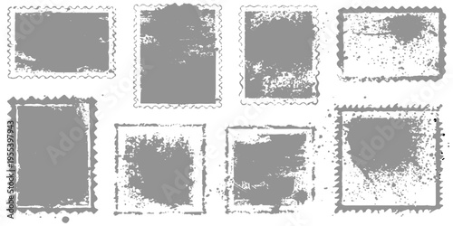A set of vintage grunge rubber stamps and frames featuring blank vector border templates for retro paper card decoration and old postage stamp art design patterns