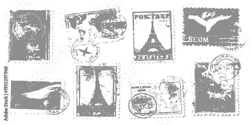 Vintage black outline vector illustration set of hand drawn Italy and France landmarks featuring the Eiffel Tower in a retro grunge sketch style for travel and architecture design