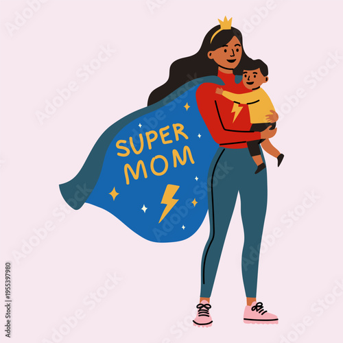 Super Mom with Child in Superhero Cape and Crown