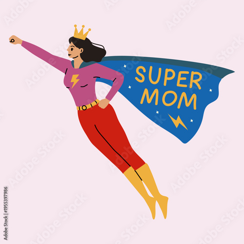Super Mom Hero Flying with Lightning Cape and Crown