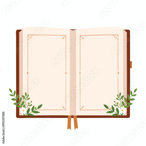 An open leather-bound book with green leaves and gold accents lies on a surface