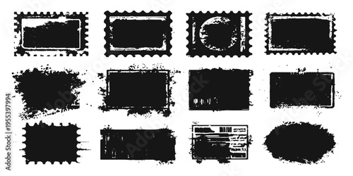 A vintage set of black ink splashes and grungy rubber stamps featuring messy paint textures, dirty brush strokes, and splat border patterns for vector art design elements