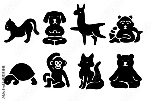 Animal Yoga Icons. Funny Animal Yoga Poses. Filled icon set of Funny Animal Yoga Poses: stretching cat,