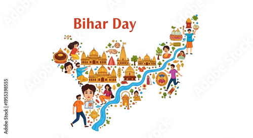 Vibrant illustration of Bihar Day celebration with people, landmarks, and cultural symbols on a map of Bihar, India, conveying a joyful and festive mood with bright colors.