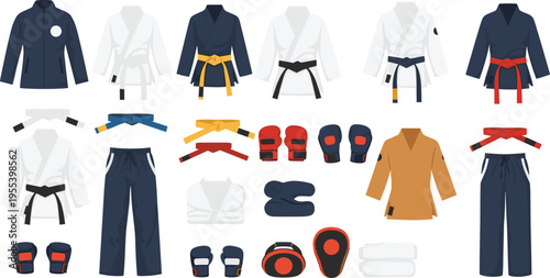 Martial arts equipment vector set featuring karate gi uniforms, colorful ranking belts, boxing gloves, protective gear, and training accessories isolated on white background.