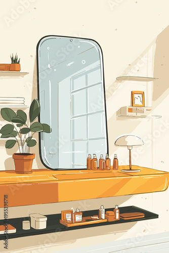 Floating Smart Mirror in Minimal Futuristic Bathroom