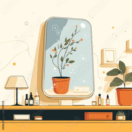 Floating Smart Mirror in Minimal Futuristic Bathroom