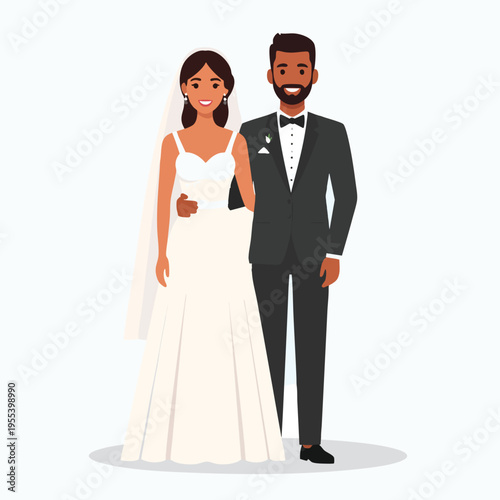 A newlywed couple stands together in formal wedding attire indoors