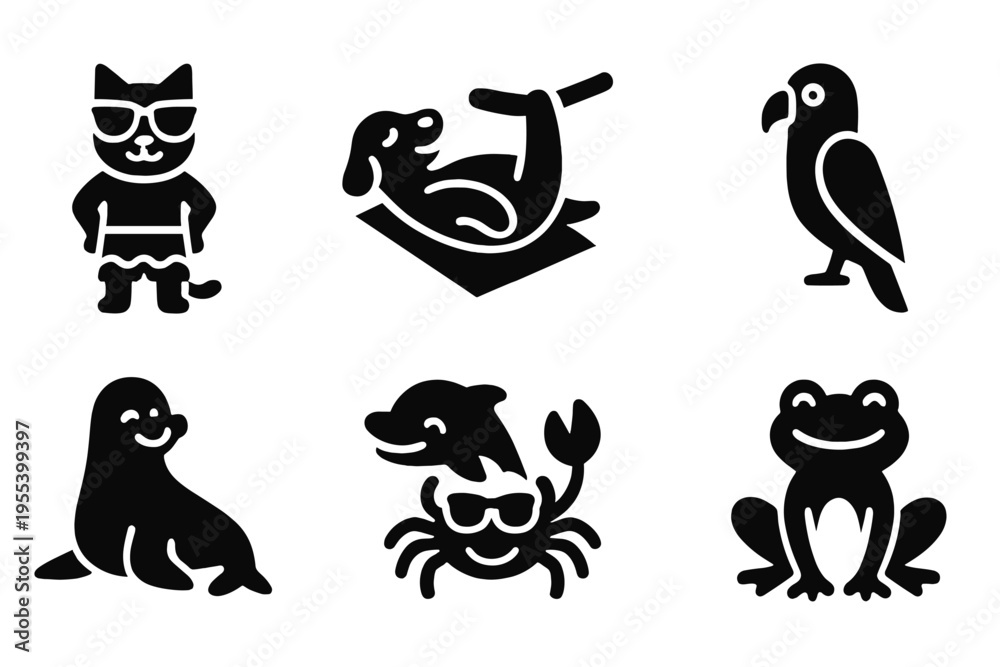 Obraz premium Sunny Animal Icons. Sunny Animals. Filled icon set of Sunny Animals: beach-ready cat, sun-bathing dog, relaxed