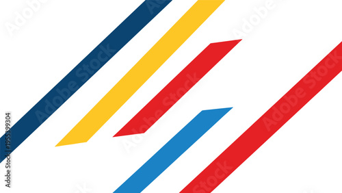 Abstract diagonal stripes of blue yellow red and lighter blue on white