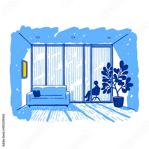 Fluted Glass Partition in Sunlit Interior