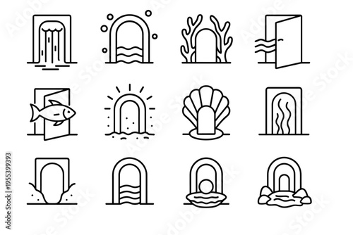 Surreal Aquatic Doorways. Surreal aquatic doorways. Line outline icon set of surreal aquatic doorways: door