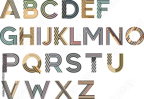 Alphabet letters AZ rendered in a multistriped colorful retro style font