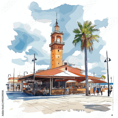 Mercado del Puerto. Mercado del Puerto hand drawn watercolor illustration