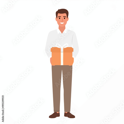 A man standing indoors holding a wrapped gift box with a happy expression