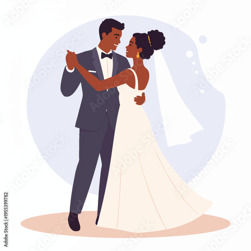 A newlywed couple dances together on their wedding day indoors.