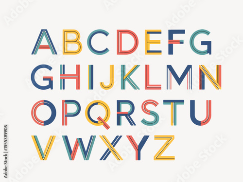 Colorful geometric illustration of the complete English alphabet in four rows