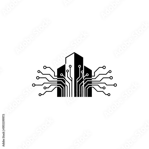 Digital Building Icon: Smart City Technology, AI Architecture, Futuristic Network Connection
