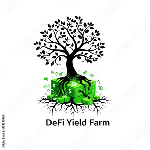 DeFi Yield Farm: Tree of Growth with Digital Cubes and Financial Symbols