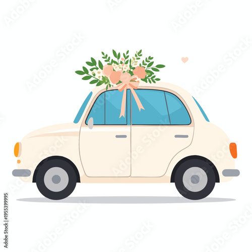 A vintage car decorated with flowers and a ribbon drives through a festive event