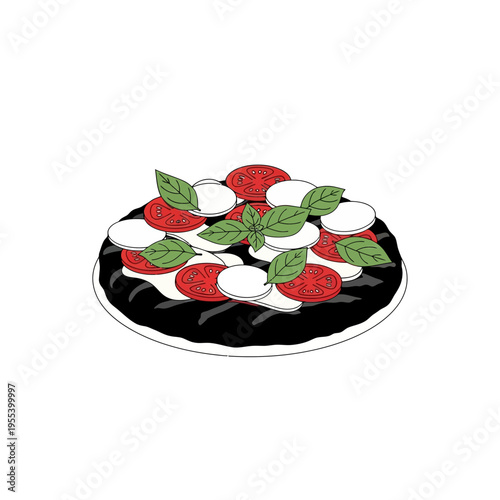 Delicious Caprese Pizza with Fresh Mozzarella, Tomatoes, and Basil on Black Crust