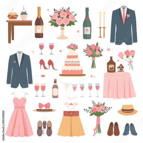 A wedding celebration scene with cake, flowers, and champagne bottles on a table indoors.
