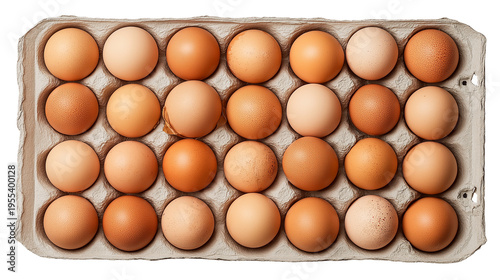 Top View of Fresh Brown Chicken Eggs in Cardboard Tray Isolated on Transparent Background, Large Group of Organic Farm Eggs, Grocery Food Storage and Nutrition Concept for Menu and Advertising