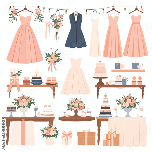 A variety of wedding dresses hang alongside decorated tables with cakes and gifts in a festive indoor setting with flowers