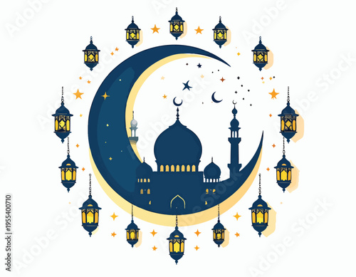 Islamic crescent moon shines brightly with mosque and lanterns at night