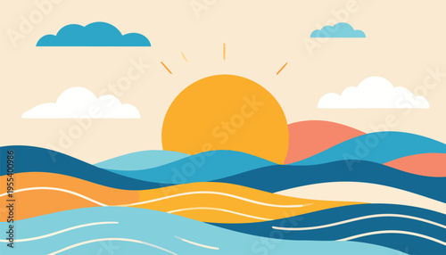 Vibrant sunset scene over serene wavy ocean landscape with fluffy clouds