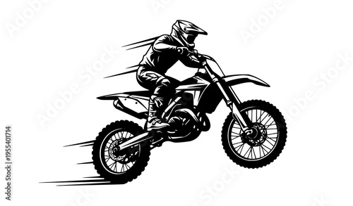 Motocross dirt bike jumping silhouette extreme off road racing action vector illustration