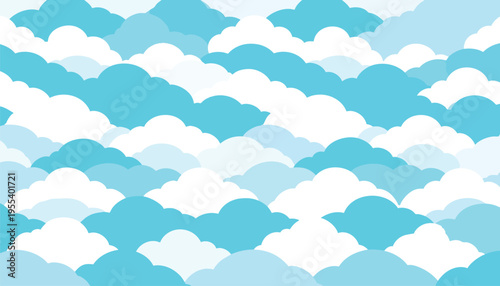 The illustration depicts a serene natural landscape with white and blue clouds floating gently in the sky on a sunny day.