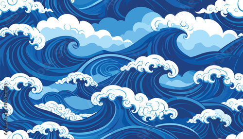 Ocean waves crash powerfully on a stormy day with large blue waves and white foam