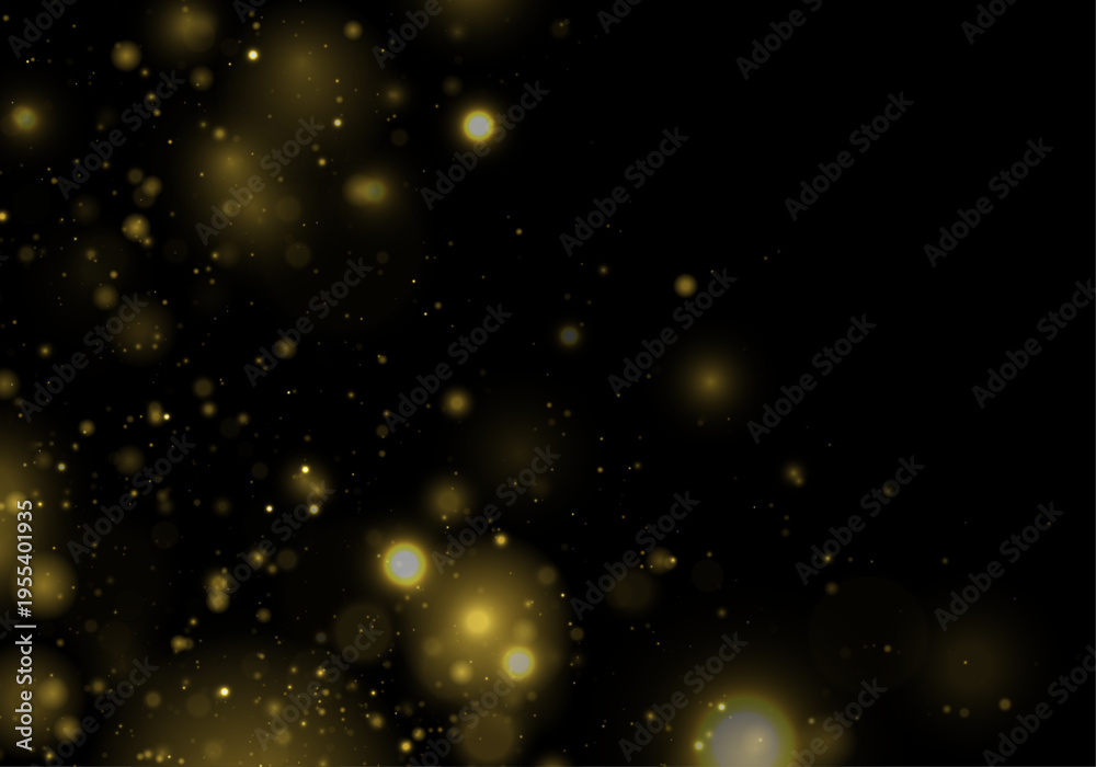 Naklejka premium Golden dust glows in soft night light dark background, sparkle, glitter, shimmer bokeh. Twinkle particle, stardust highlights flare. Magical festive sparks with glare, lens flare, vector illustration.