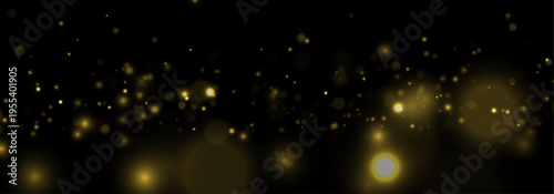 Golden glitter dust glows in night light, blending sparkle, shimmer, twinkle bokeh. Sparks, stardust, highlights, flare, lens flare, glare enhance magical festive light, vector illustration.