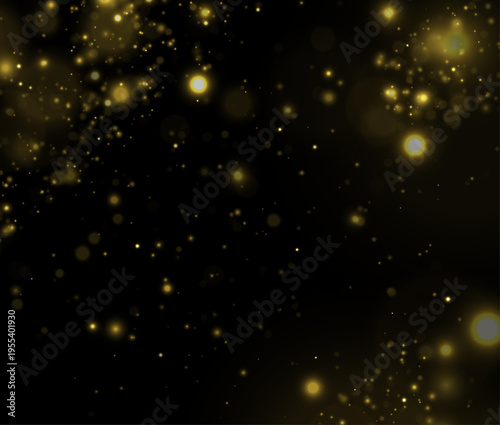 Golden glitter dust glows in night light, blending sparkle, shimmer, twinkle bokeh. Sparks, stardust, highlights, flare, lens flare, glare enhance magical festive light, vector illustration.