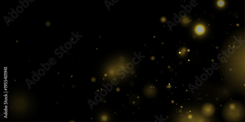 Yellow dust sparkles in night darkness over dark background, glitter, sparkle across bokeh. Twinkle particle, stardust highlights flare sparks, glare, lens flare magical festive vector illustration.