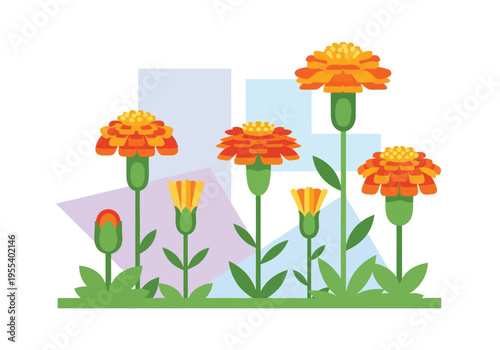 Vibrant orange flowers grow in a garden with geometric shapes behind them.