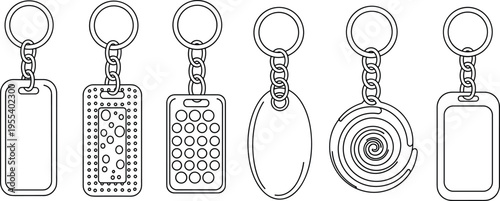 Keychain outline vector set with metal key ring and decorative tag designs for engraving, branding and accessory template collection
