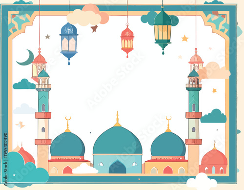 A serene illustration of a mosque under a starry night sky with hanging lanterns and clouds