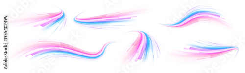 Futuristic neon laser lines sweep through city highway, violet, blue road traffic. Purple motion wave carries speed, trail energy, glow swirling tail on white background. Vector illustration png.
