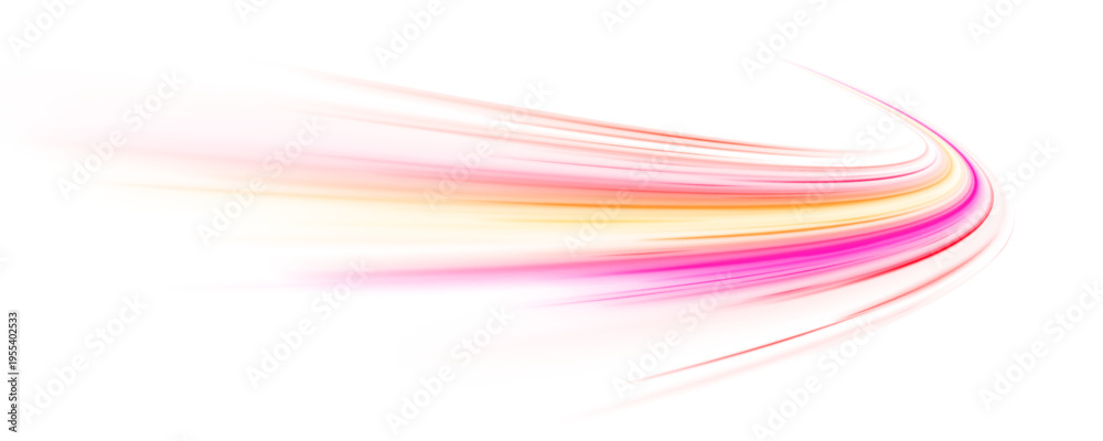 Naklejka premium Neon laser speed lines swirl along city road, highway trail. Violet light wave builds motion energy traffic, futuristic glowing orange, purple tail on white background. Vector illustration png.