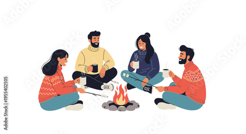 Friends enjoying campfire, drinking hot beverages and roasting marshmallows, cozy winter gathering