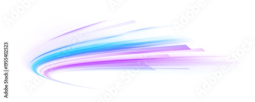 Neon laser purple and violet lines swirl through city road, highway trail. Light motion wave futuristic energy speed traffic, glowing blue tail on white background. Vector illustration png.