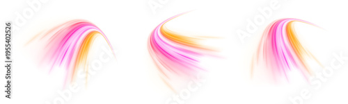 Neon laser speed lines swirl along city road, highway trail. Violet light wave builds motion energy traffic, futuristic glowing orange, purple tail on white background. Vector illustration png.