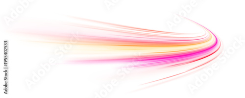 Neon laser speed lines swirl along city road, highway trail. Violet light wave builds motion energy traffic, futuristic glowing orange, purple tail on white background. Vector illustration png.