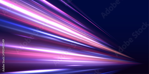 Futuristic neon laser blue lines swirl across city highway road traffic. Light wave motion drives speed and energy, forming a radiant trail along each line. Vector illustration.