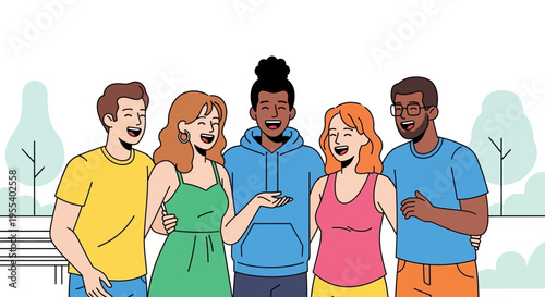 Diverse group of friends laughing together outdoors, celebrating friendship and joy in a park setting