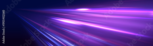 Futuristic neon laser blue lines swirl across city highway road traffic. Light wave motion drives speed and energy, forming a radiant trail along each line. Vector illustration.